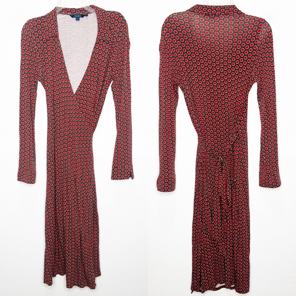 BODEN True Wrap Midi Dress, Brown with Maroon Dots, Collared Jersey Stretch